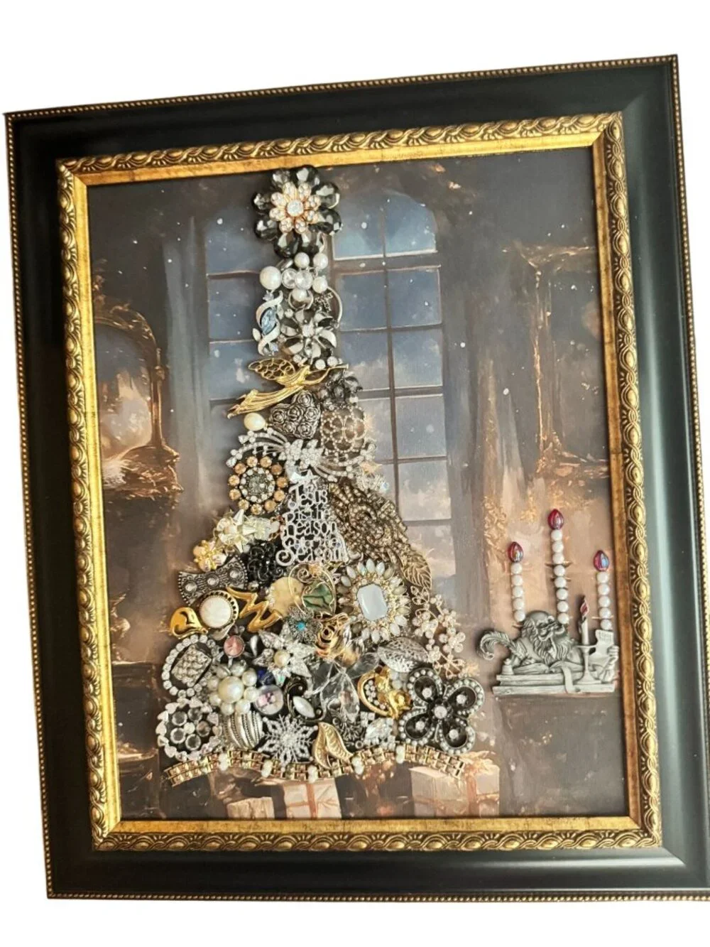 Designs By Betty Vintage Jewelry Christmas Tree Framed Wall Art OOAK 17.5 x 14.5